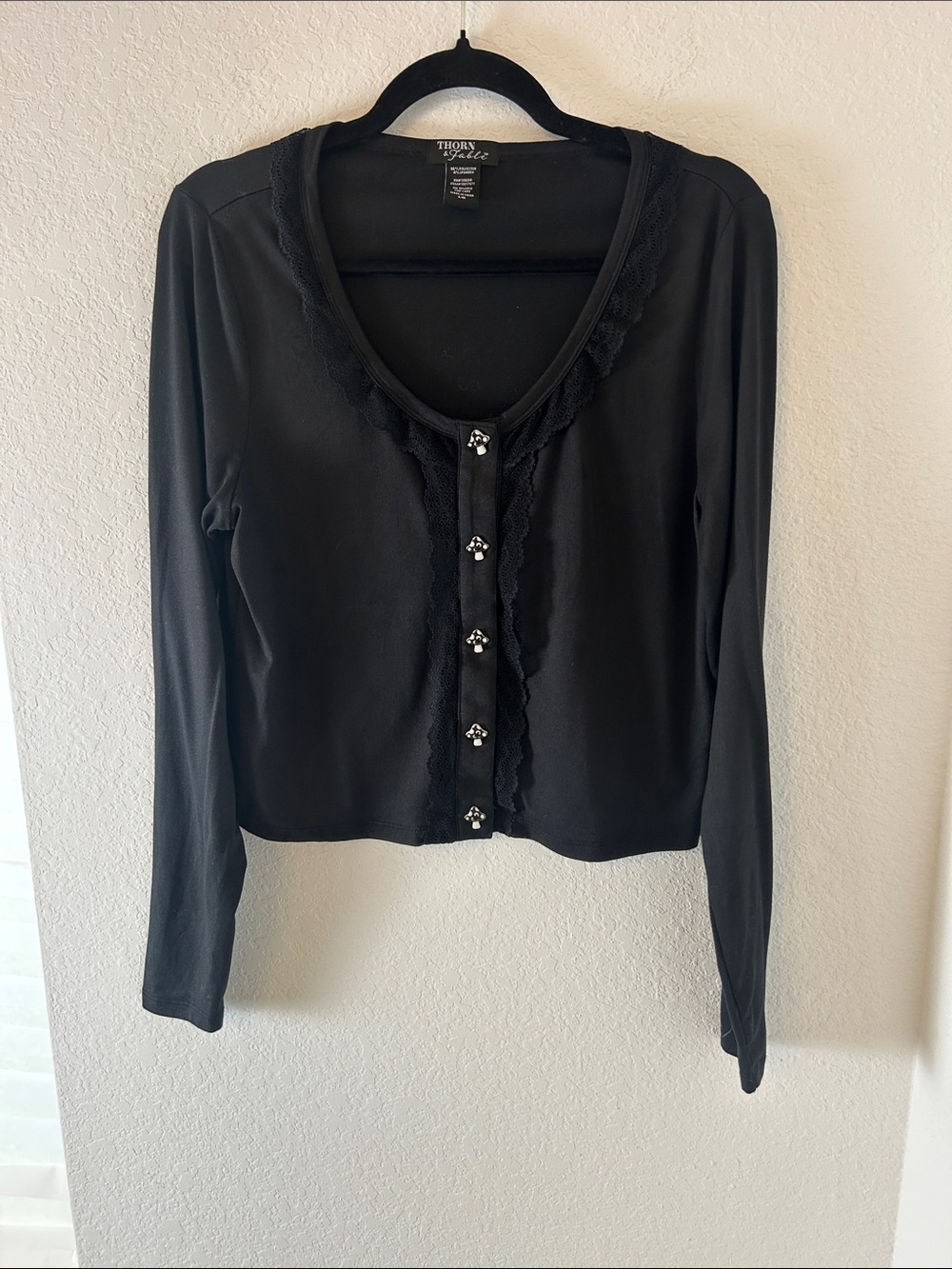 Thorn and Fable Black Lace trim Cardigan mushroom button cottage-core whimsy L